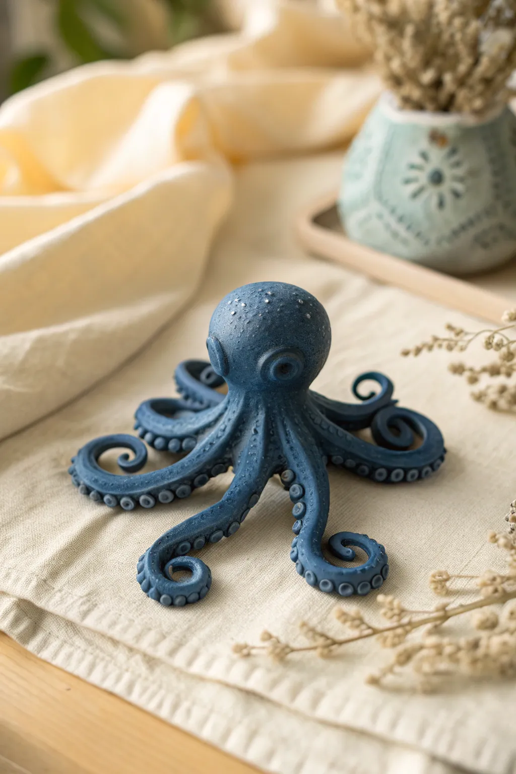 Monochrome octopus charm from one lump of clay, simple curls and dimples in a bold hue.