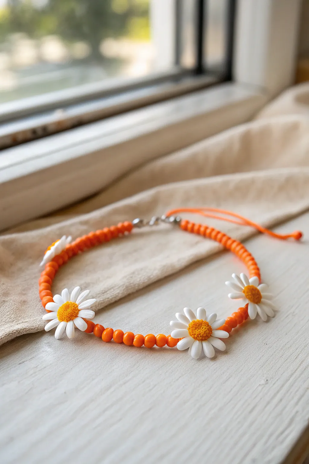 Orange heishi bracelet with tiny daisy beads, a bright minimalist accessory with cozy boho charm