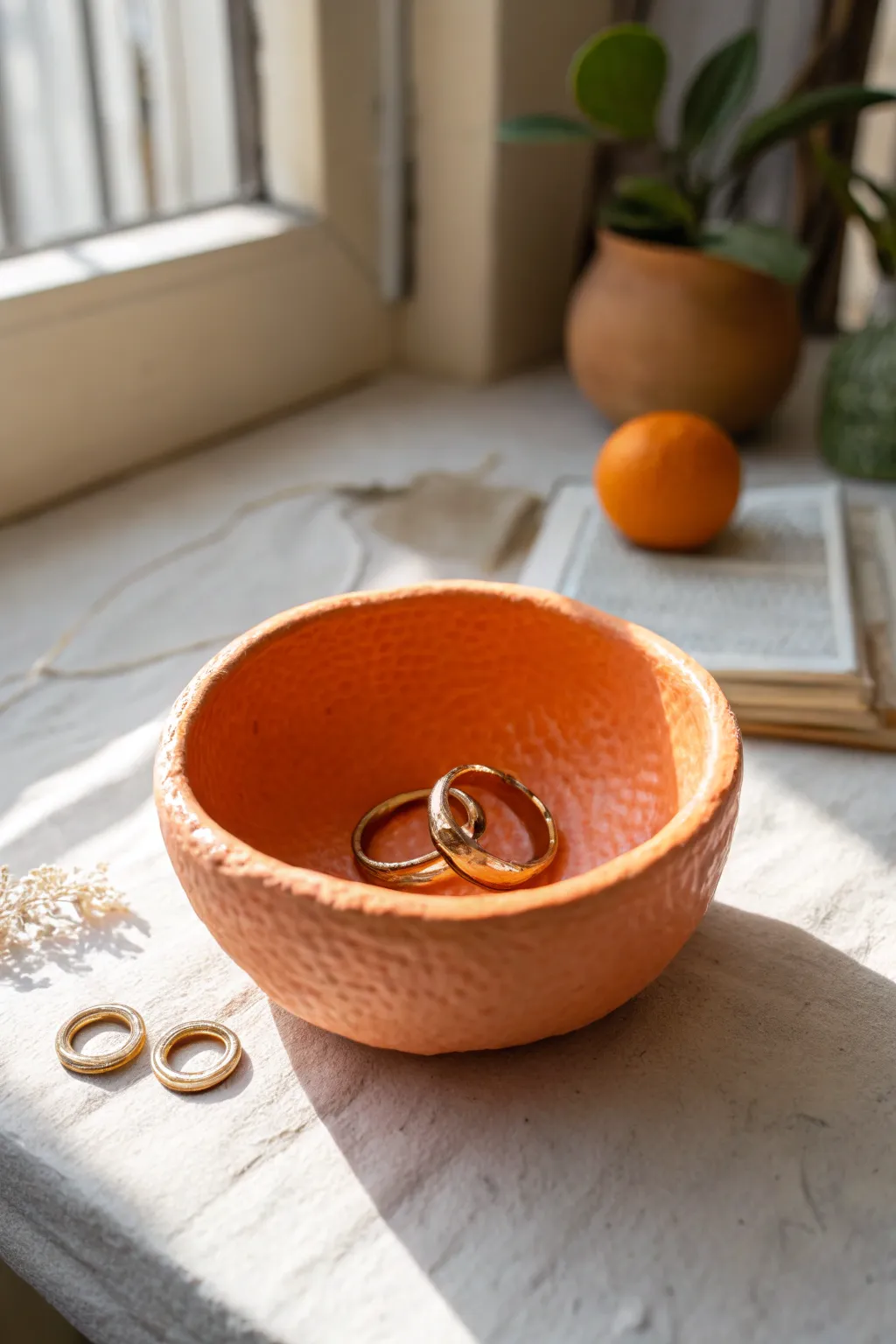 Citrus rind pinch pot trinket bowl in bold orange clay, minimalist texture, holds two rings