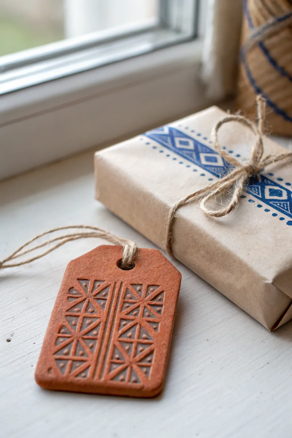 Reusable oven bake clay gift tag, stamped pattern and twine, styled with kraft wrapped parcels