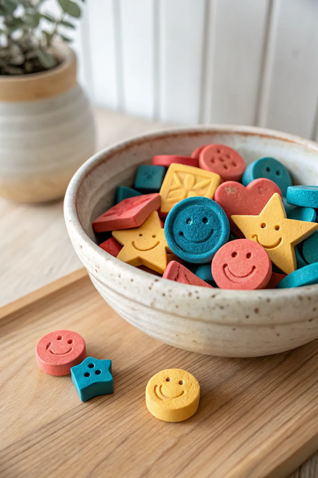 Bright polymer clay game tokens in a small bowl, perfect for DIY family board game night.