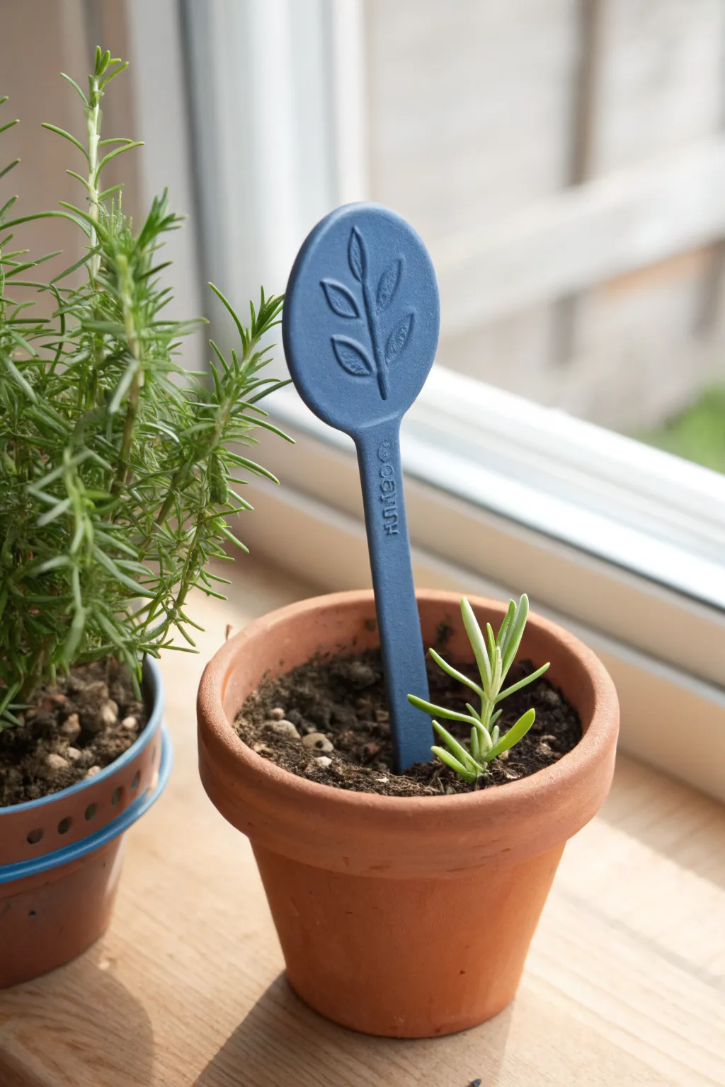 Bold cobalt polymer-clay garden marker in a herb pot, minimalist and easy for weekend crafting