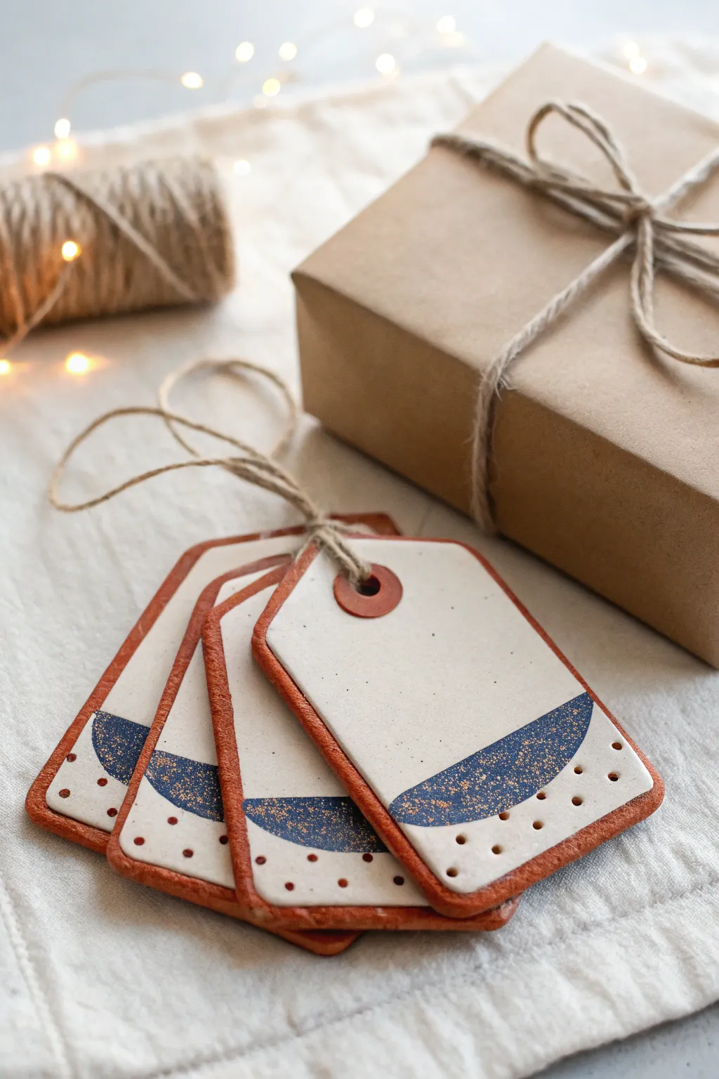 Reusable oven-bake clay gift tags in bold earthy hues, minimalist and perfect for any present.