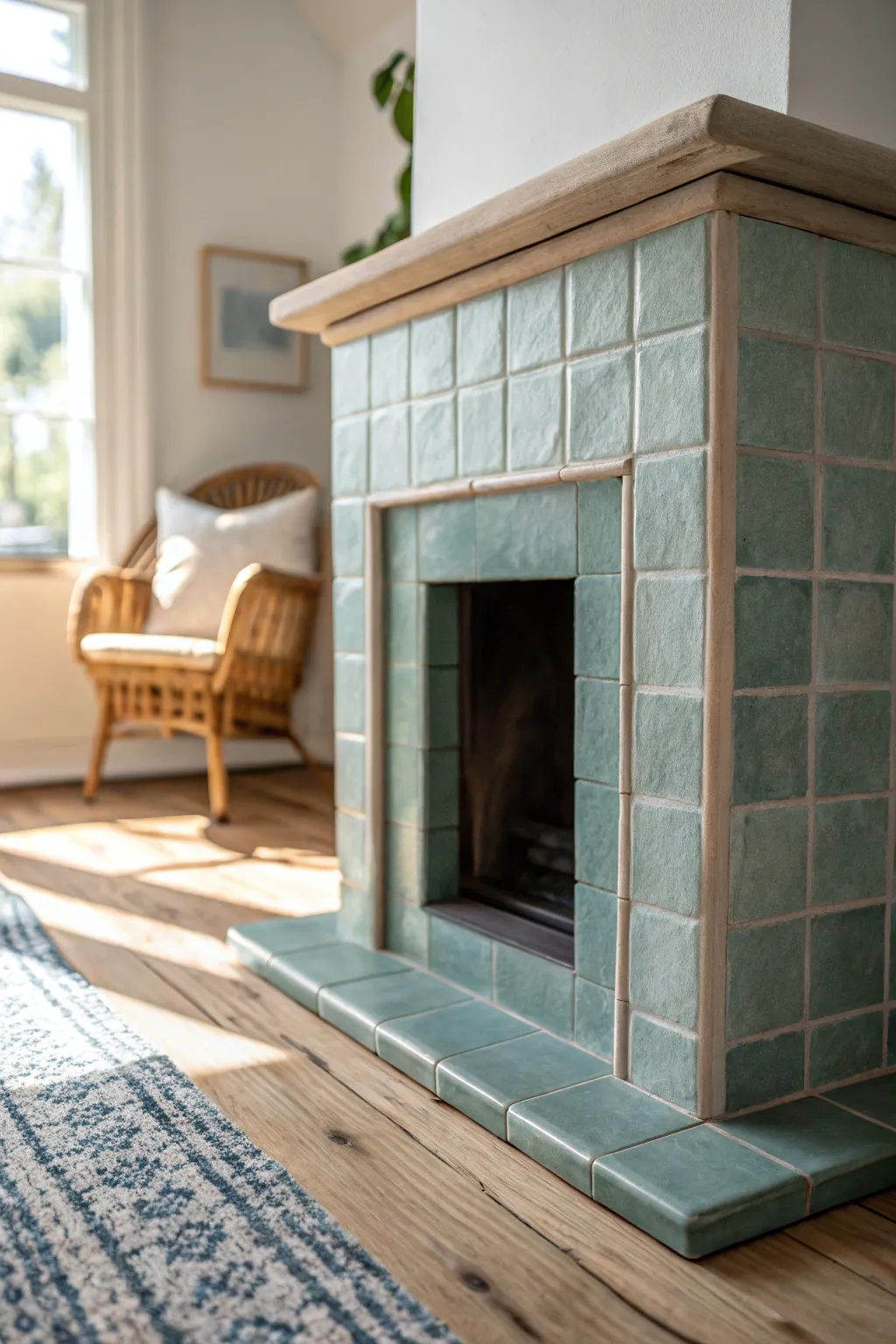 Muted blue-green fireplace tiles add vintage cozy energy, balanced with warm ceramics and soft neutrals.
