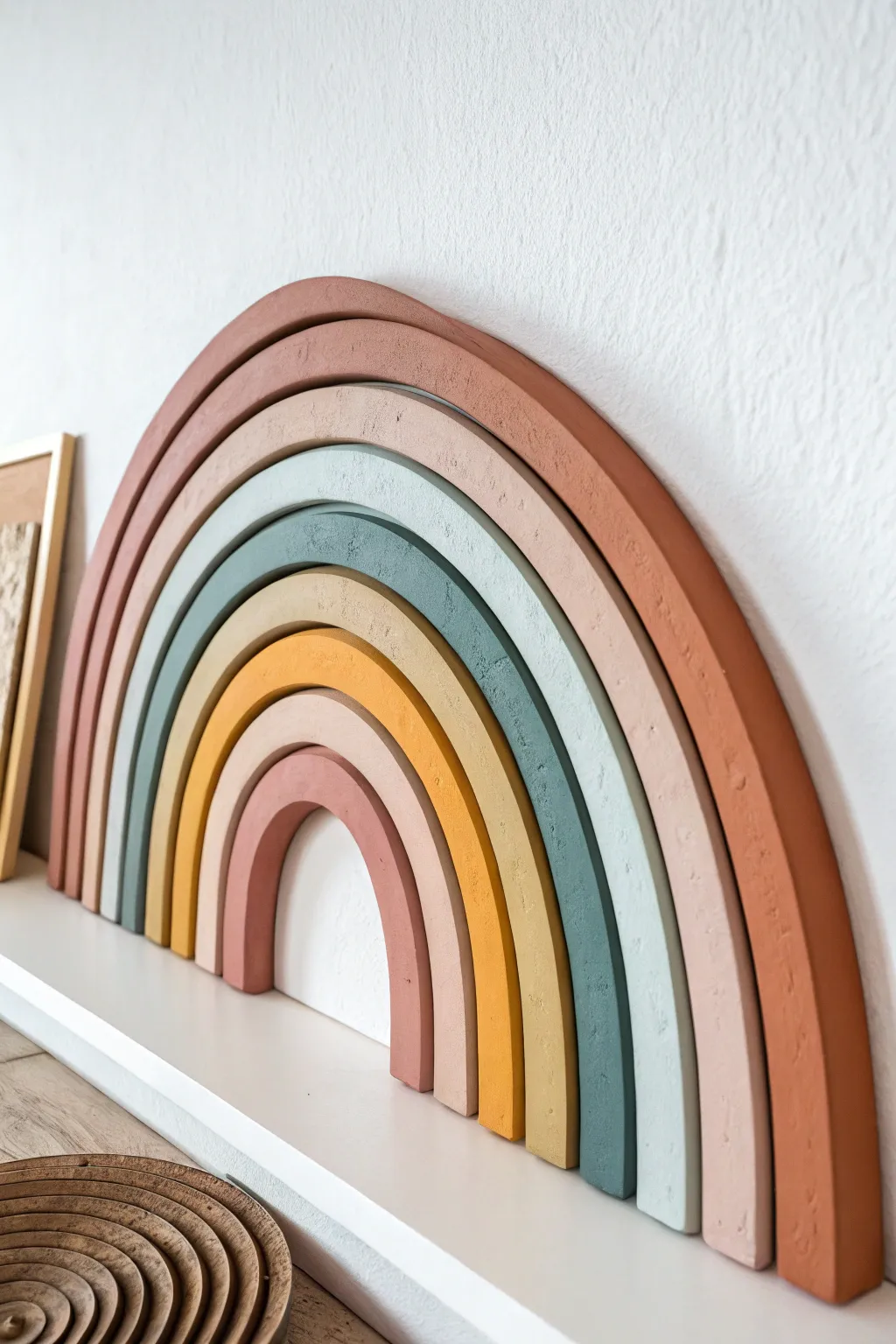 Scandi-meets-boho paper clay rainbow panels, textured arches in muted bold tones on white.
