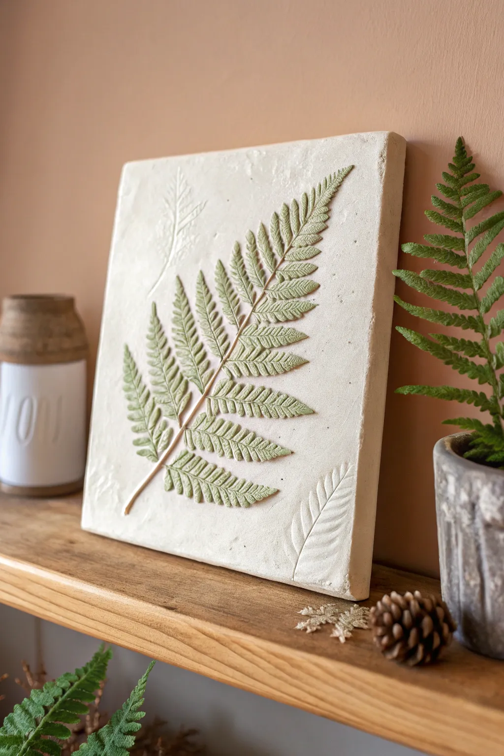 Minimal paper clay botanical relief tile with fern impressions in sage and chalky off-white