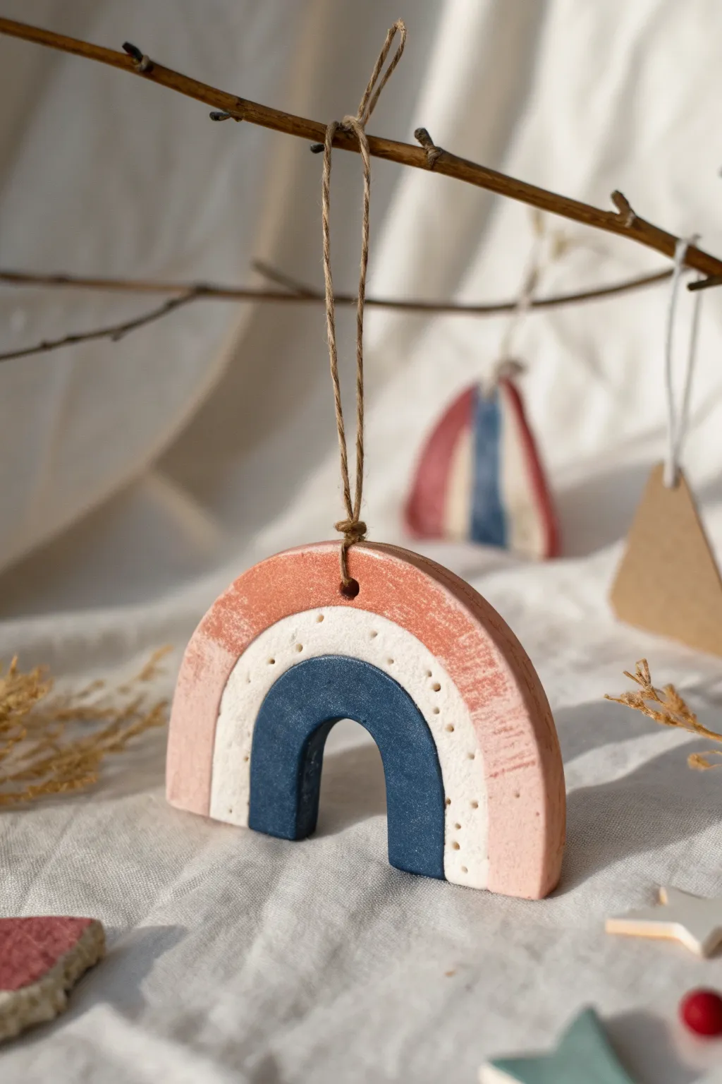 Lightweight paper mache clay ornaments and tags in soft boho tones, ready to hang and gift.