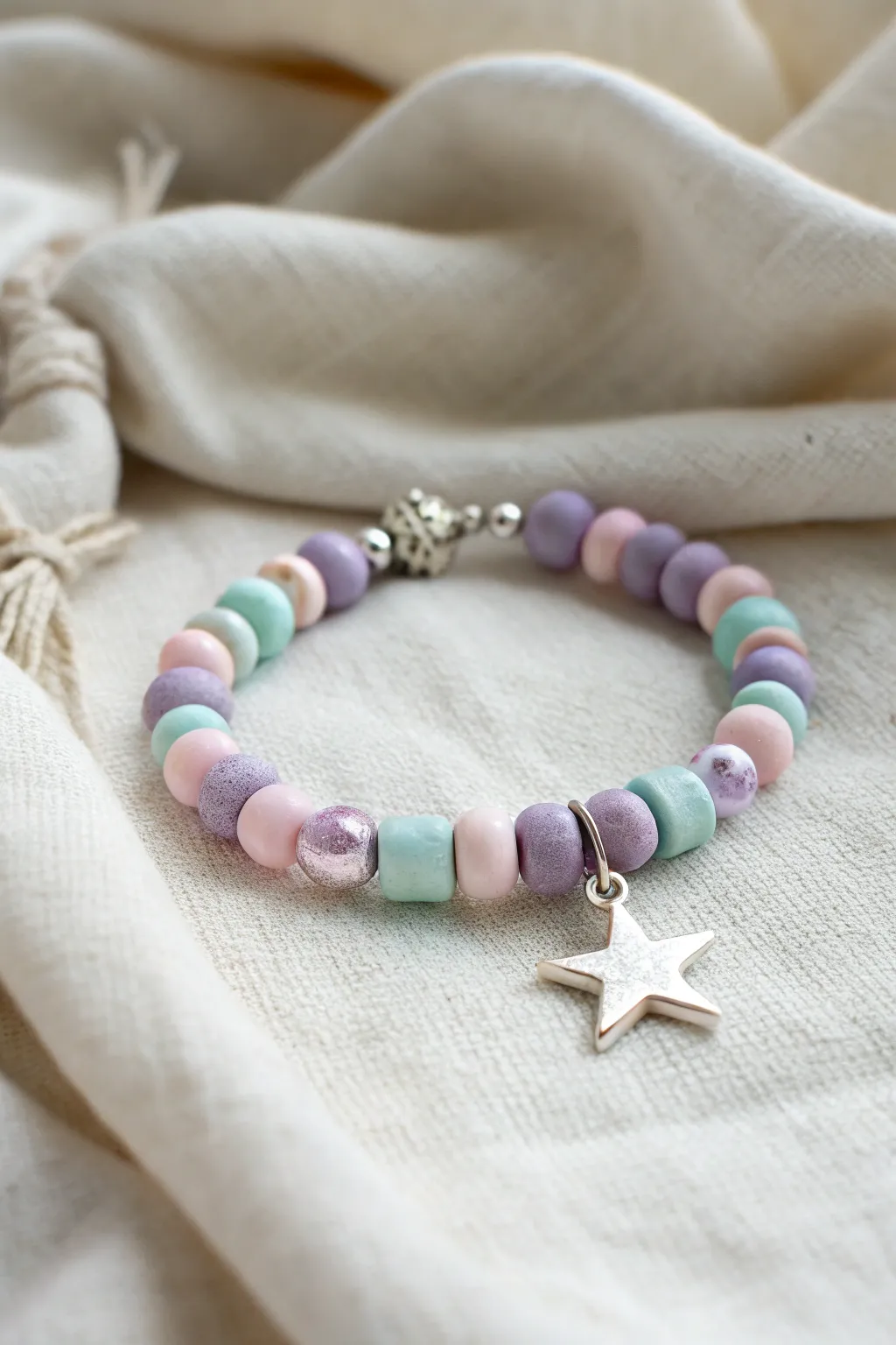Pastel clay bracelet with a star charm spotlight, styled on cream linen in soft boho minimalism.