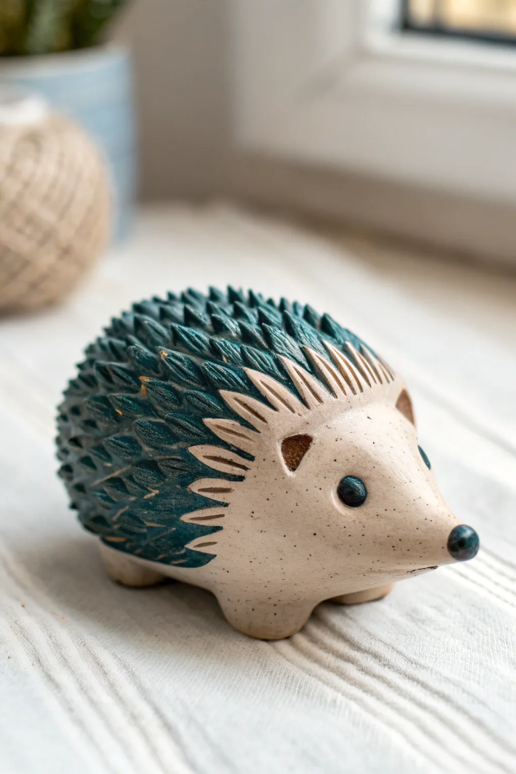 Palm-sized hedgehog pinch whistle with pressed spines, minimalist boho styling and bold contrast.