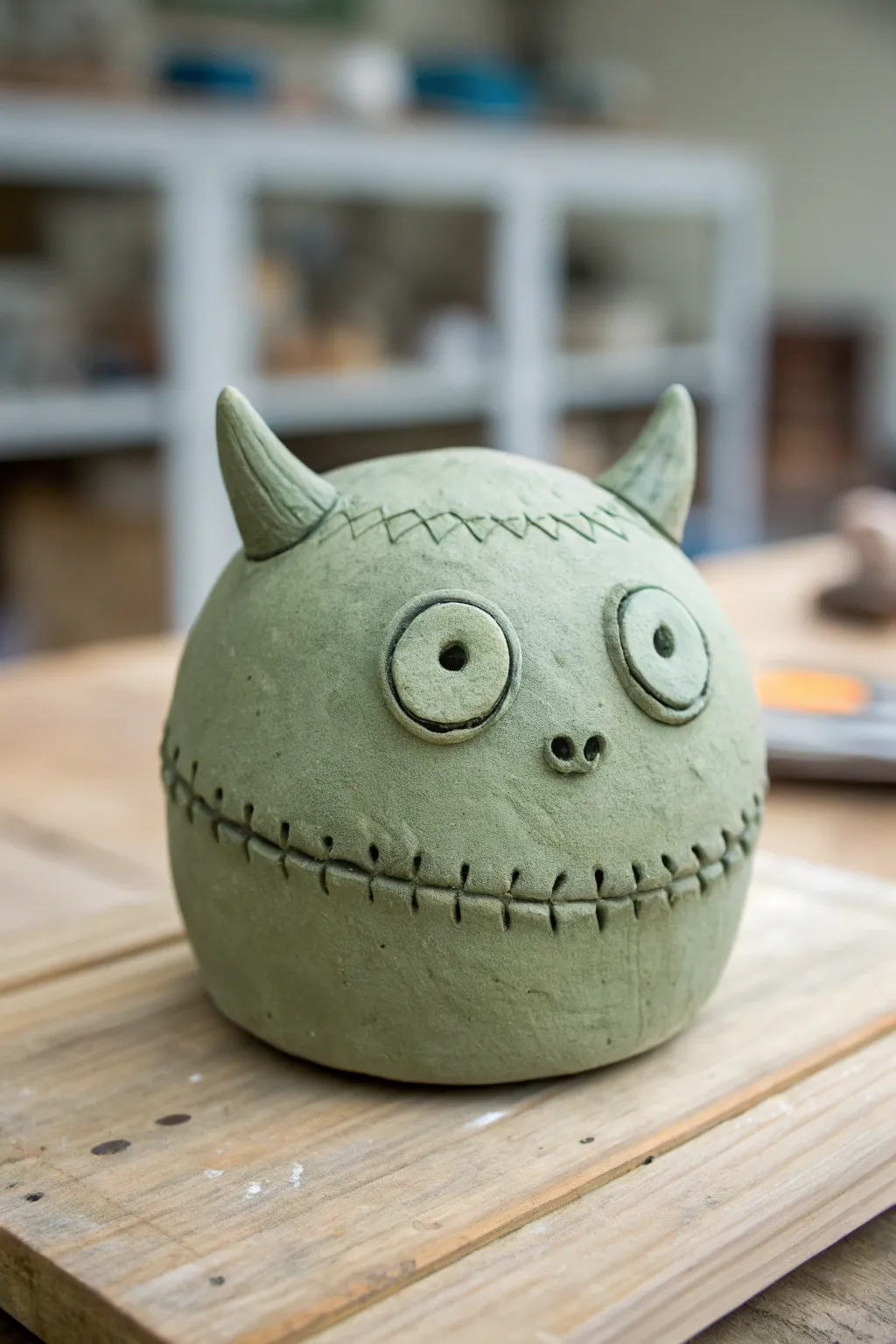 Stitched patchwork pinch pot monster with mismatched eyes in bold Nordic minimal boho style