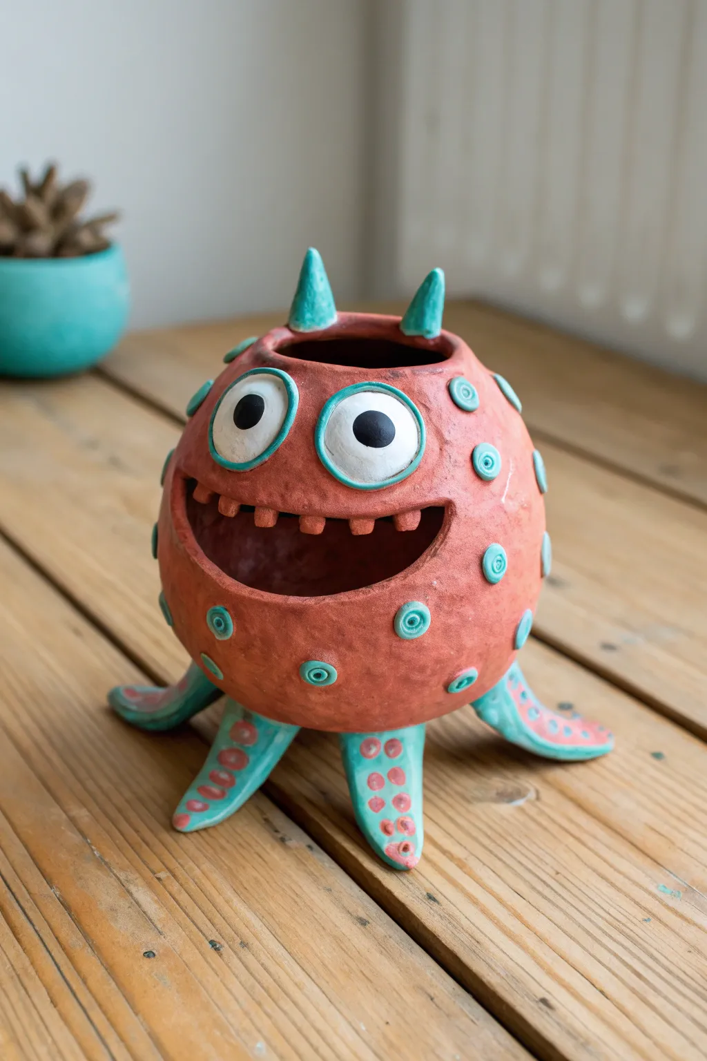 Tentacle-foot pinch pot monster with big mouth and surprised eyes in bold modern colors