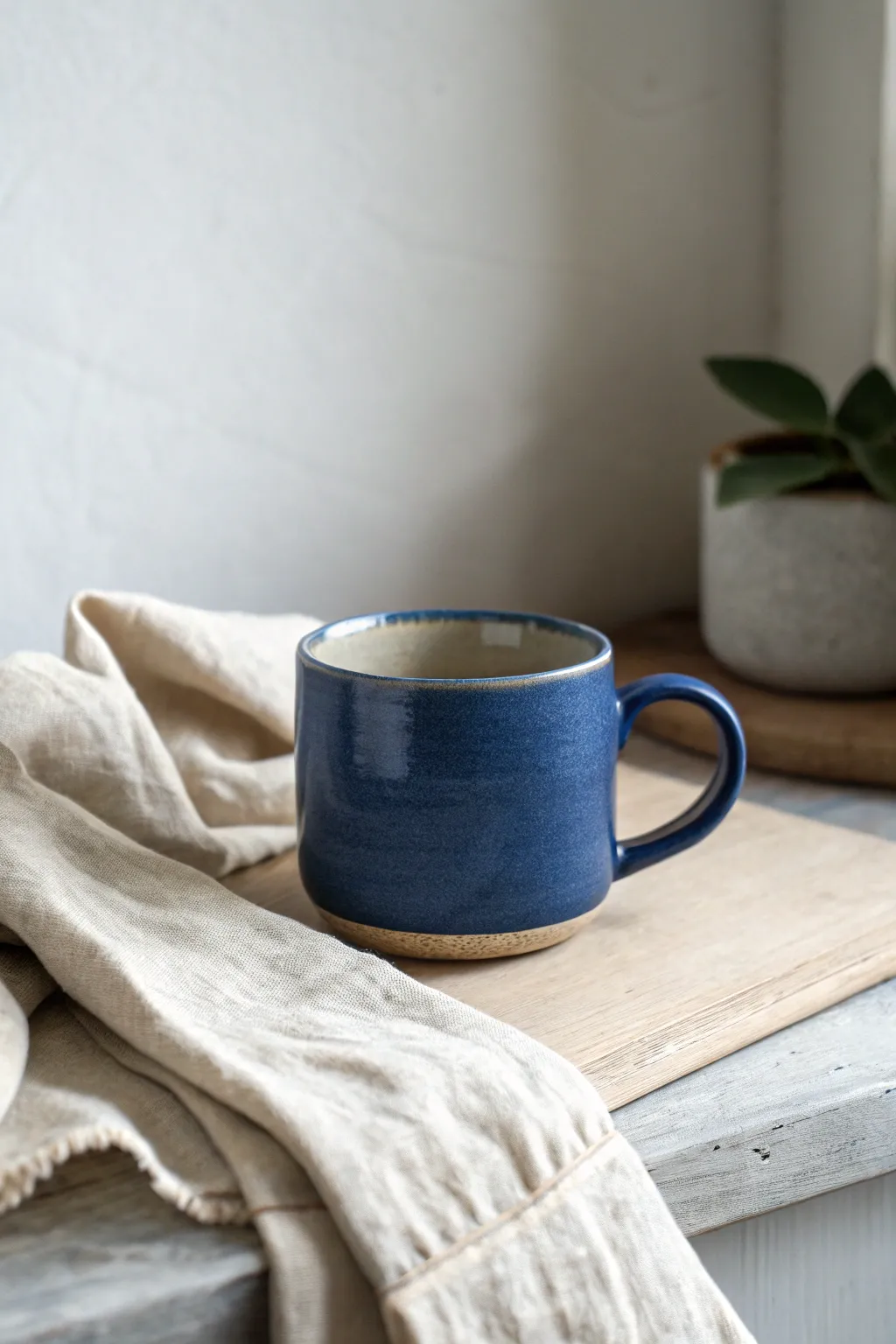 A super-smooth minimalist pinch pot mug in bold cobalt, styled simply with natural linen.