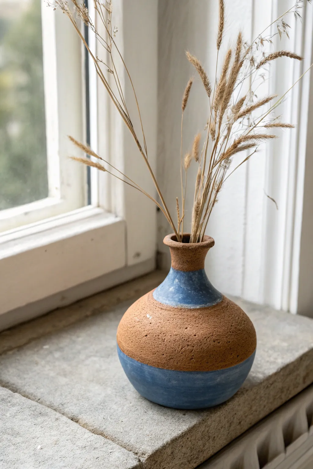 DIY-friendly joined pinch-pot gourd vase in bold glaze, styled simply with a dried stem.