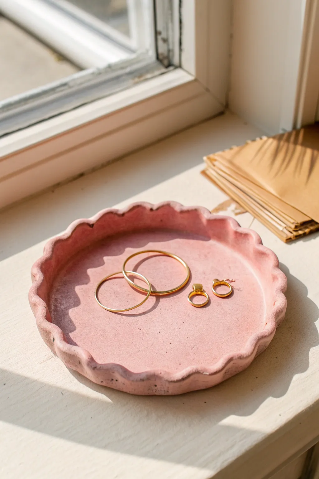 Pink scalloped air dry clay tray with a matte finish, styled simply with jewelry on a pale backdrop