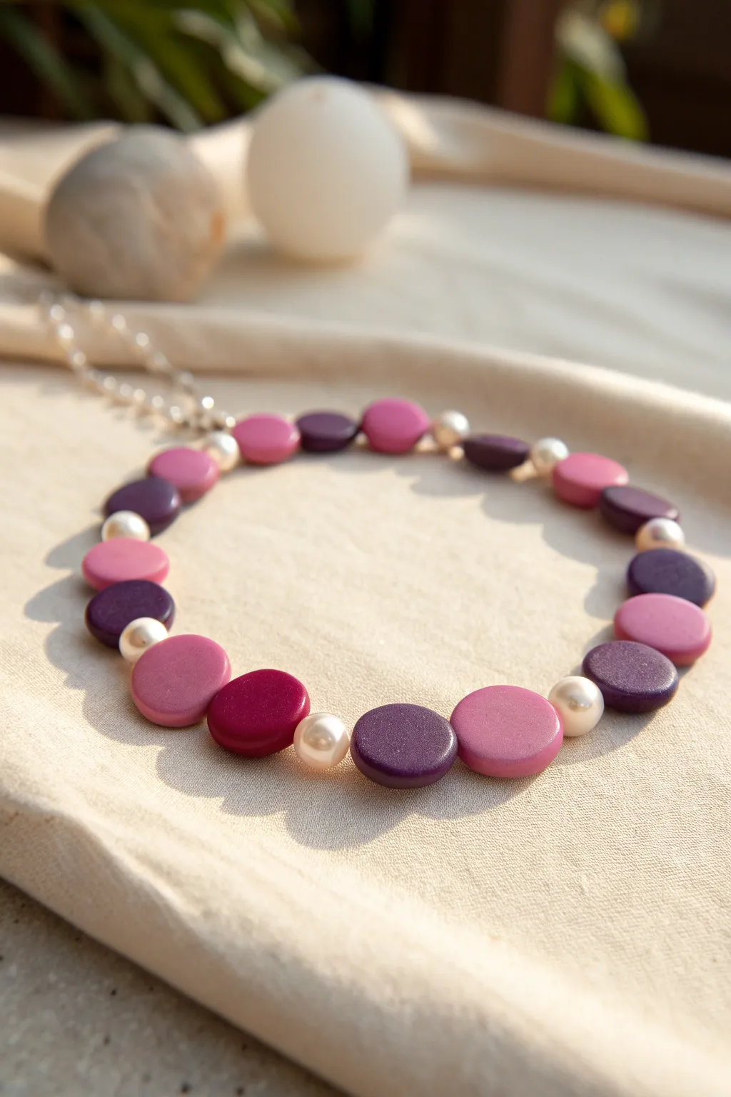 Pink and purple flat clay beads with pearl-like rounds for a soft, dressy minimalist look