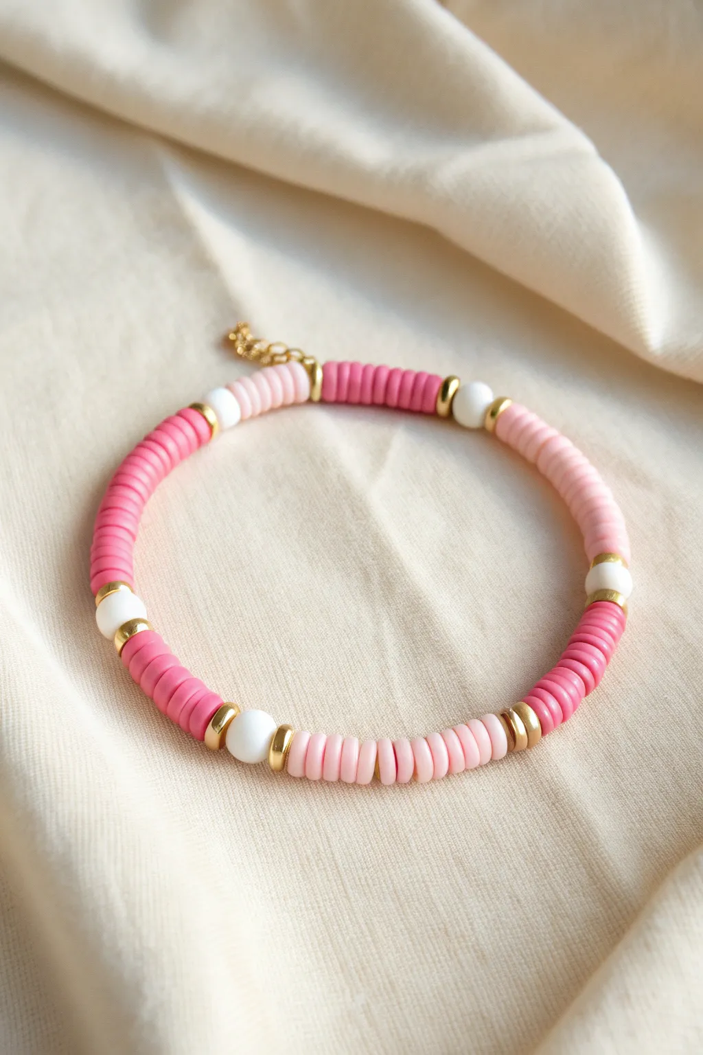 Pink gingham checkerboard clay bead bracelet with delicate gold spacers, bold yet minimalist