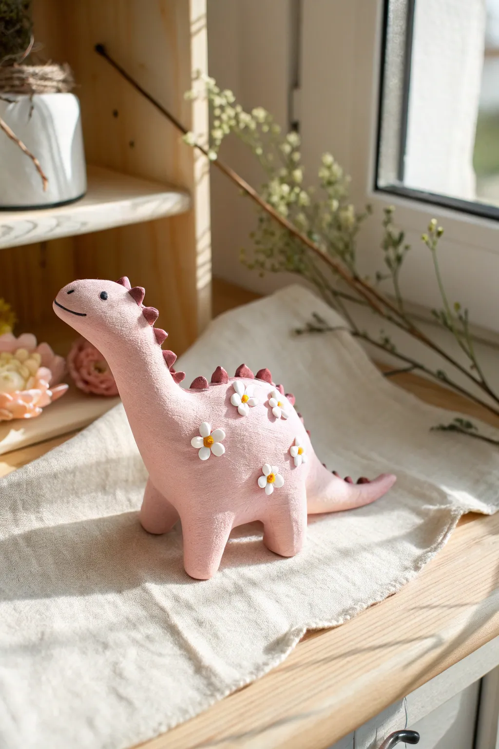 Pastel pink dino with tiny floral details, a cute minimalist polymer clay decor idea