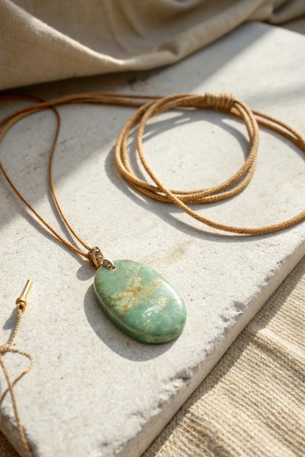 Minimalist faux stone polymer clay pendant in jade green, styled with a simple cord.