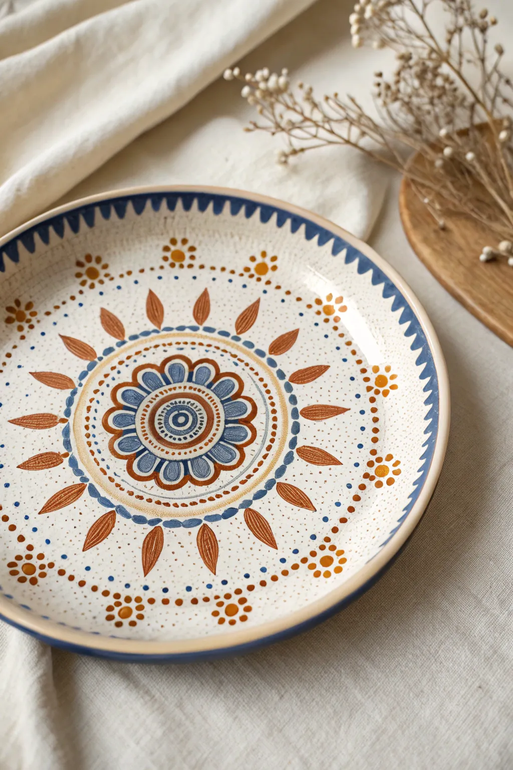 Centered dot mandala plate in bold earthy tones for a calm, balanced minimalist look