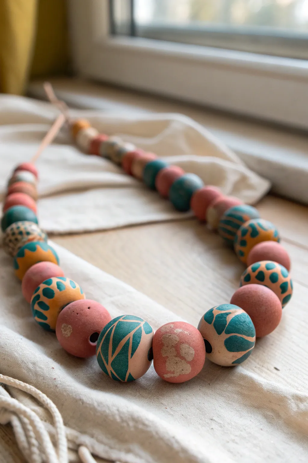 Chunky play clay beads in bold repeat colors make easy, charming jewelry for beginners