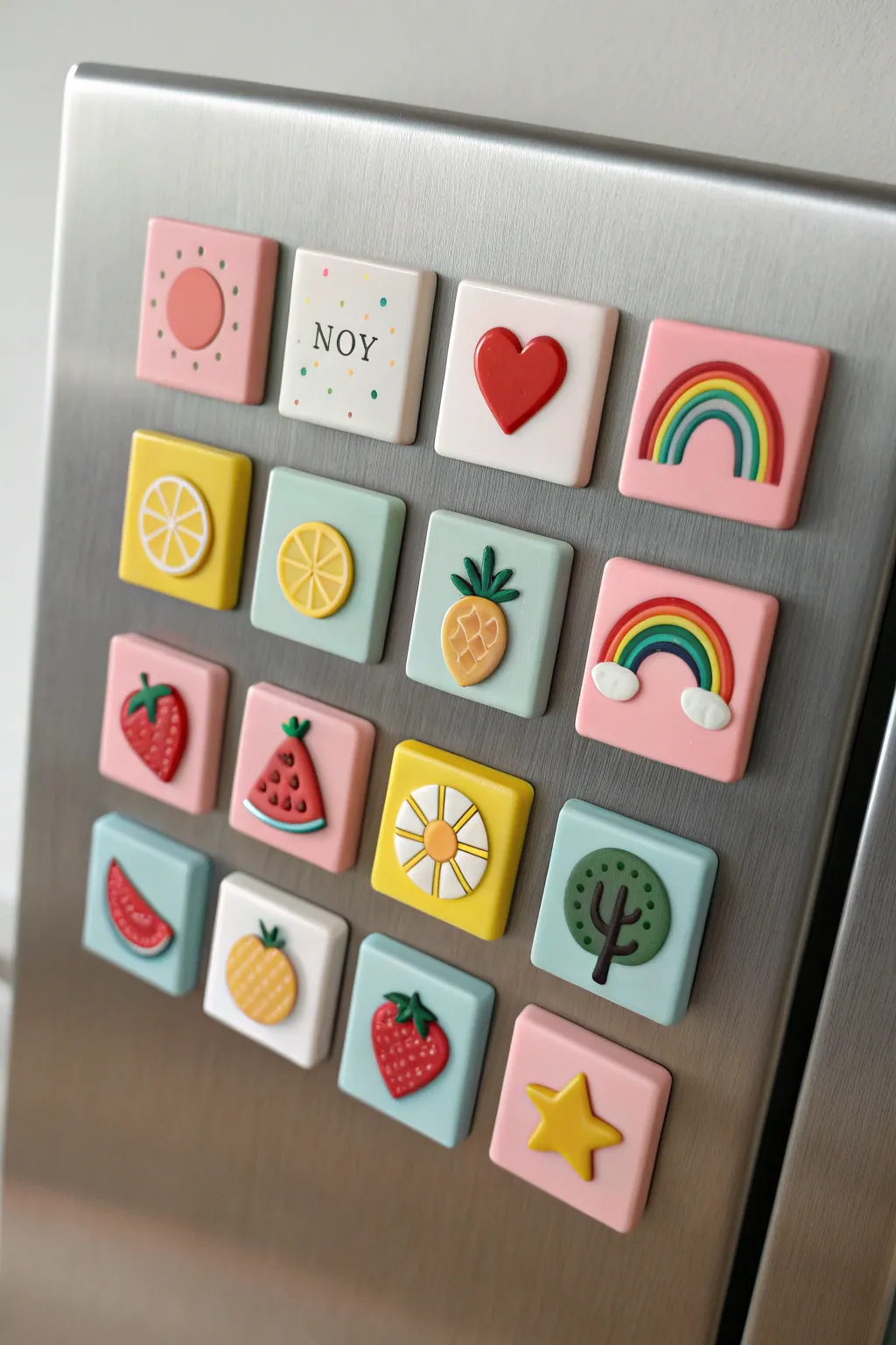 Bright mini icon polymer clay fridge magnets in a clean grid for a playful minimalist kitchen.