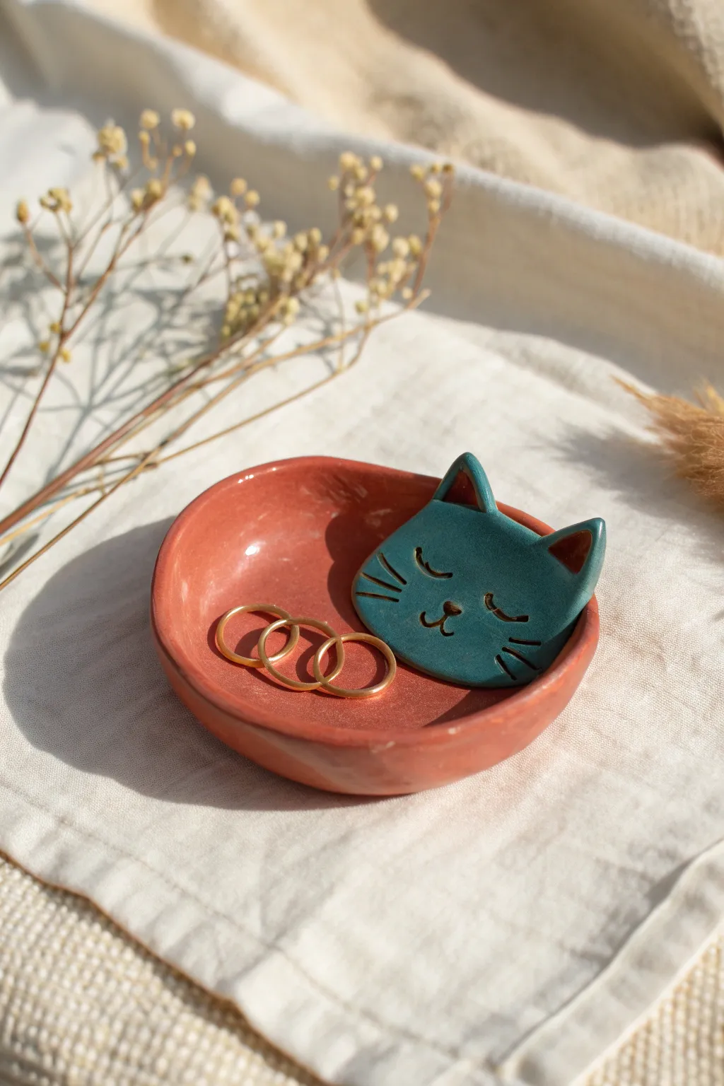 Adorable sleeping cat polymer clay ring dish in warm light, minimal boho styling.