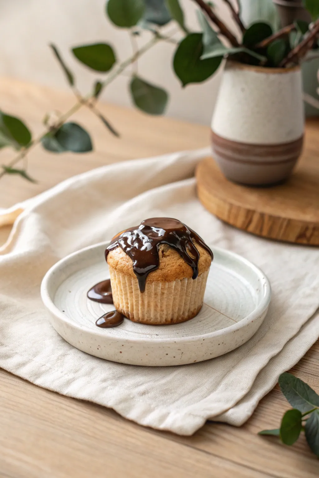 Mini polymer clay dessert with glossy resin syrup drips, styled in calm Scandinavian light.