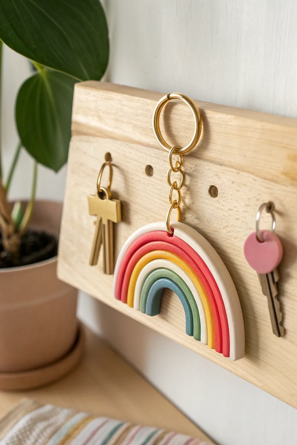 Layered rainbow polymer clay keychain on a minimalist pegboard for an easy, boho-pop DIY.