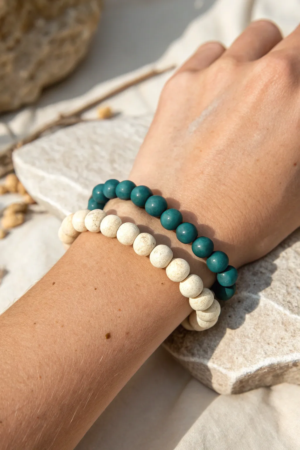 Two tone twist stack bracelet: light and dark clay beads braided for a bold minimalist look