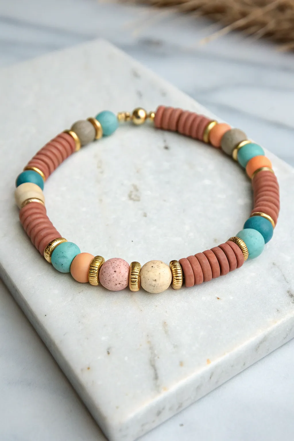 Half-and-half polymer clay bracelet: warm meets cool, divided by a simple spacer cluster detail.