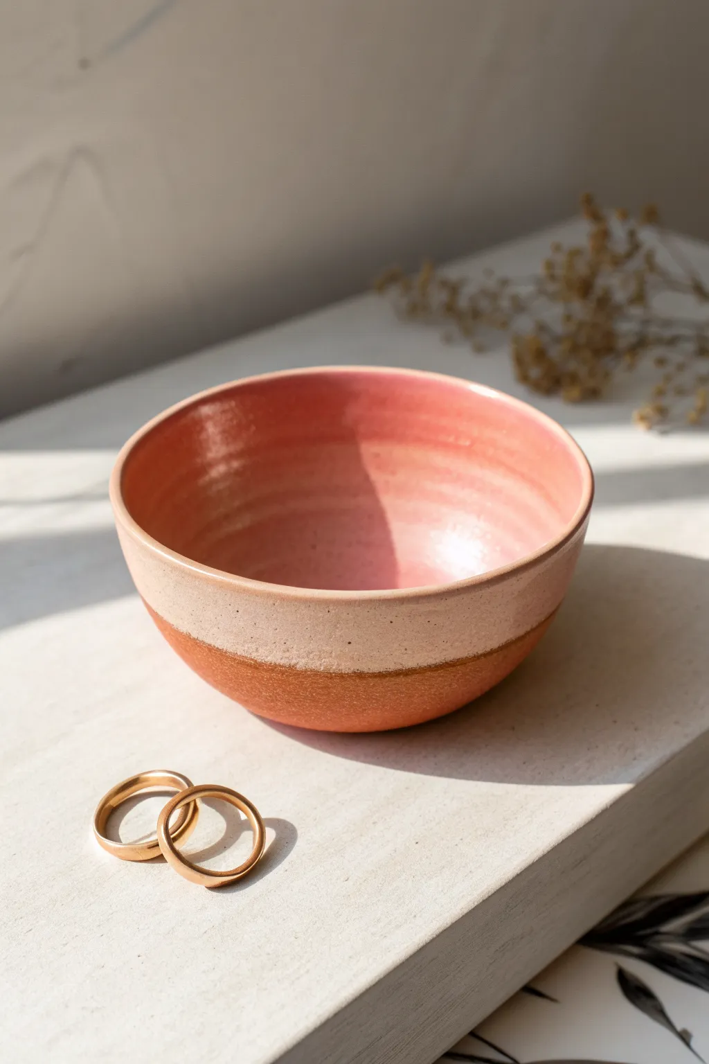 Soft ombre polymer clay bowl in blush-to-terracotta gradient, minimal styling with rings