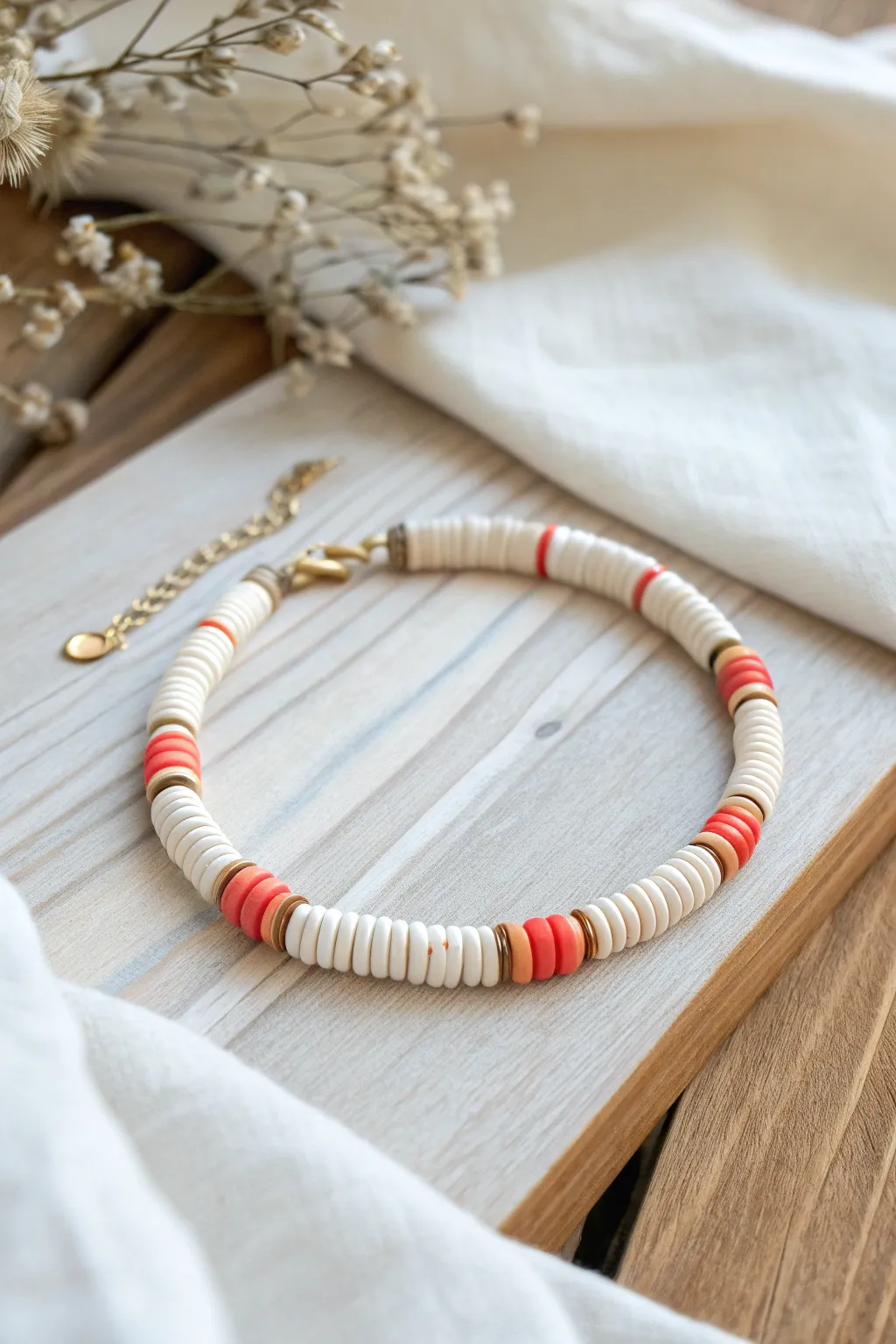 Micro-stripe heishi bracelet in ivory and coral for an easy, modern boho pop of color