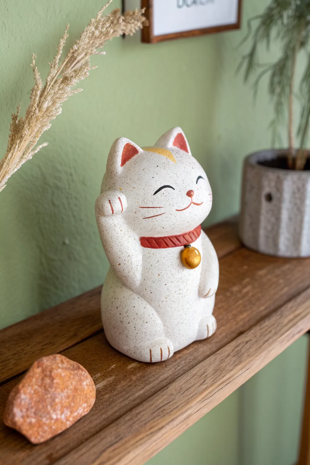 Polymer clay lucky cat with a simple charm collar, styled on a shelf for cozy minimalist vibes.
