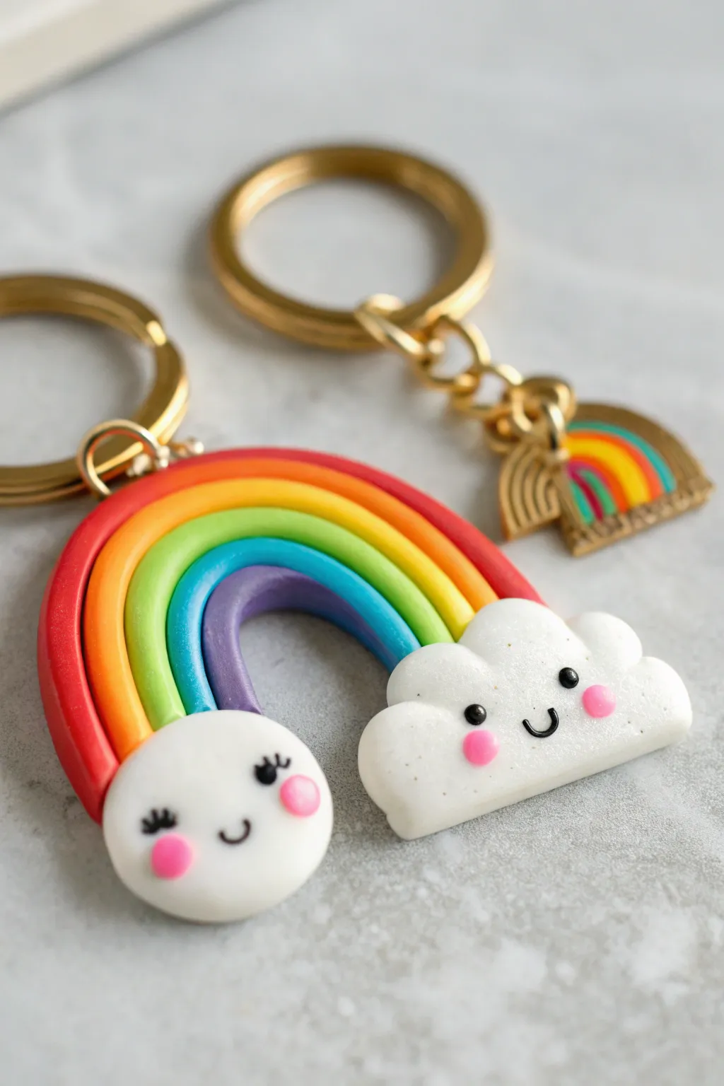 Bright rainbow and cloud polymer clay charm duo, crisp kawaii faces in minimalist boho style.