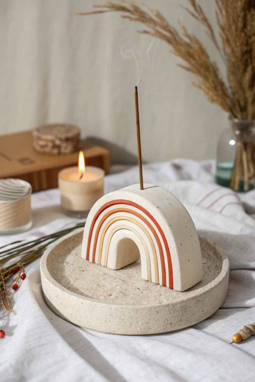 Geometric polymer clay incense holder, minimalist boho styling with a bold color pop.