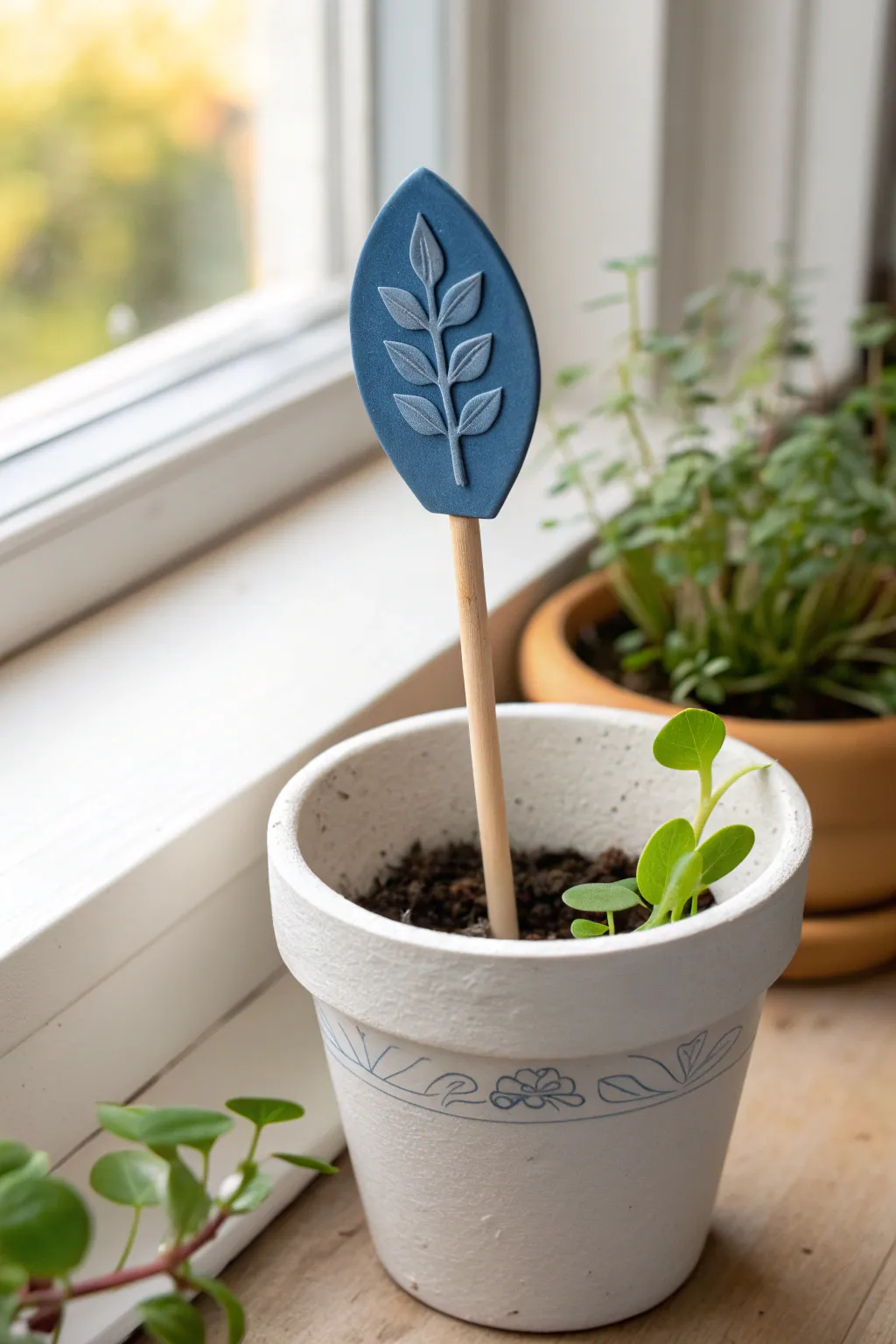 Bold polymer clay plant pot pick in bright window light, minimalist Scandinavian boho feel