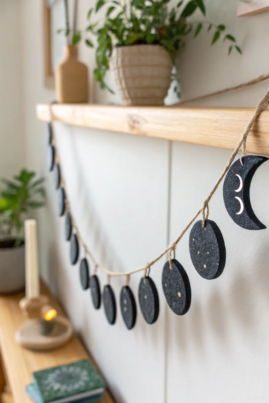 Matte black moon phase garland adds bold minimal boho charm to your polymer clay decor.
