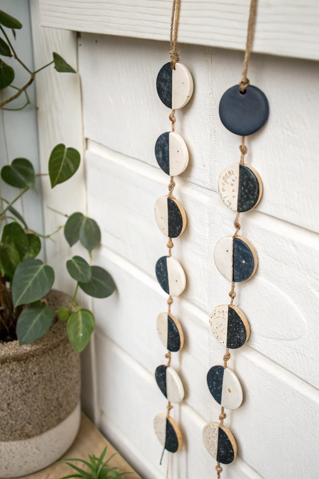Elegant polymer clay moon phase garland with dark to light tiles, minimalist boho wall decor