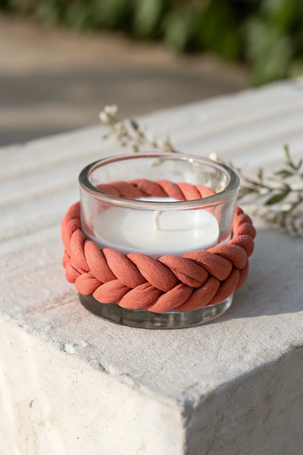 Cozy polymer clay tea light collar with braided texture, minimal boho warmth for any nook