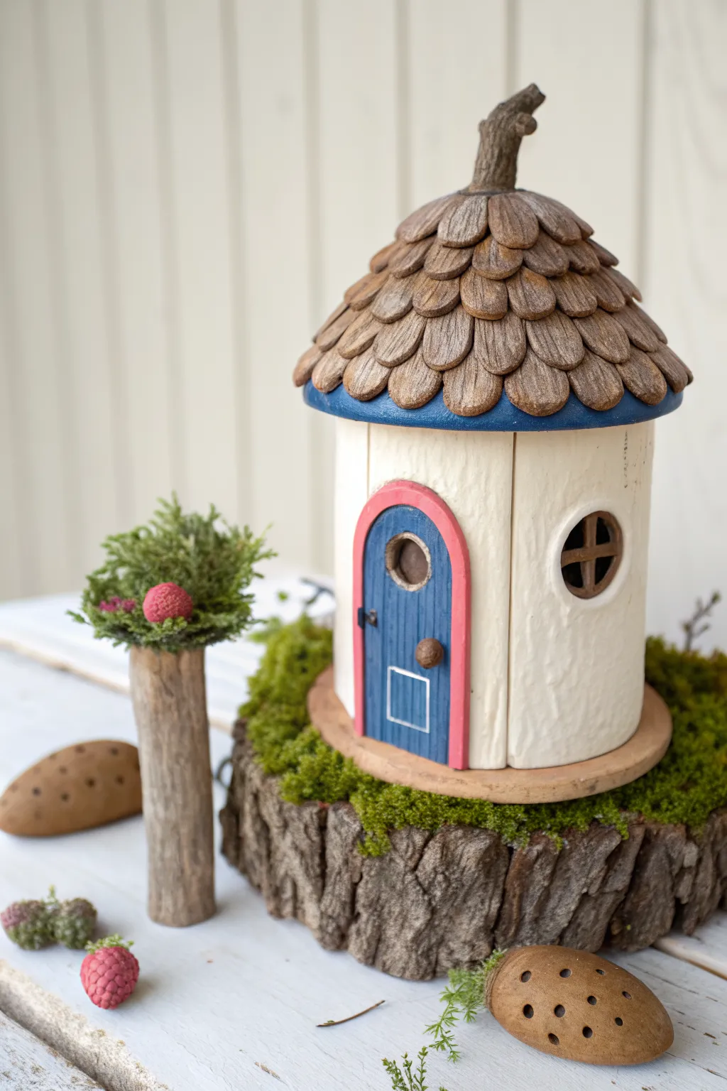 Acorn-cap roof birdhouse with bright clay door accents, perfect for a cozy fairy garden nook.