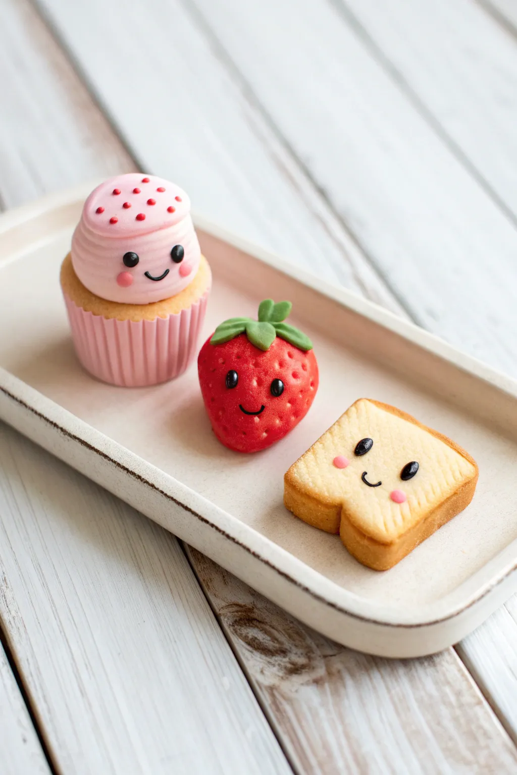 Tiny polymer clay cupcake, strawberry, and toast friends in bold colors on a minimal ceramic tray