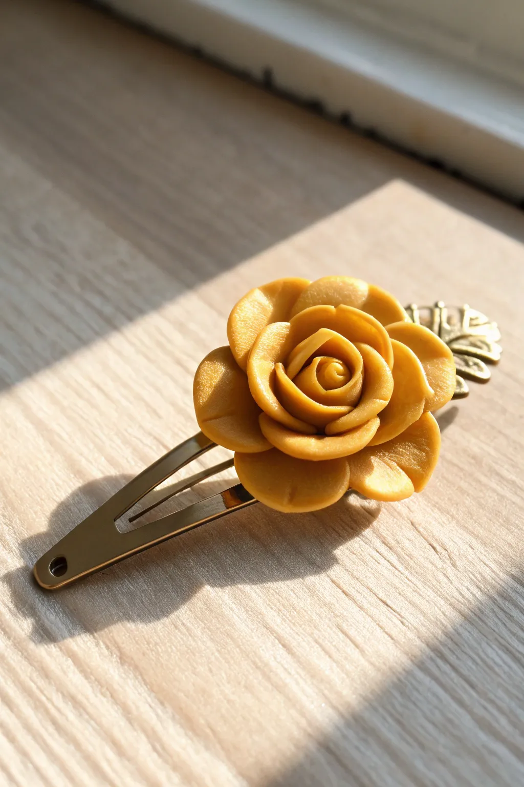 Bold polymer clay bloom hair clip on a neutral linen backdrop, simple DIY charm with boho warmth.