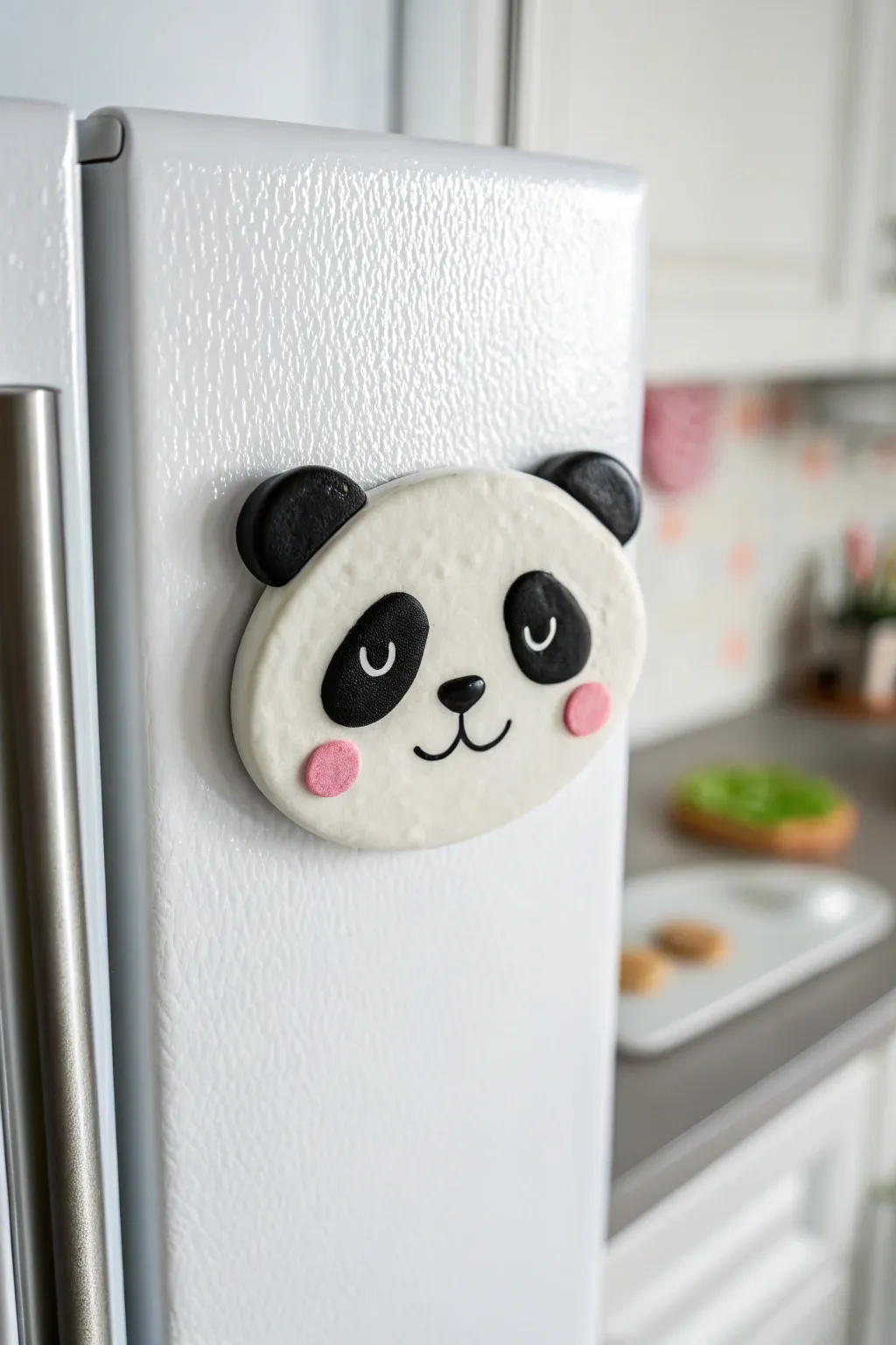 Sweet panda face polymer clay magnet with crisp contrast and soft blush for a cute kitchen accent.