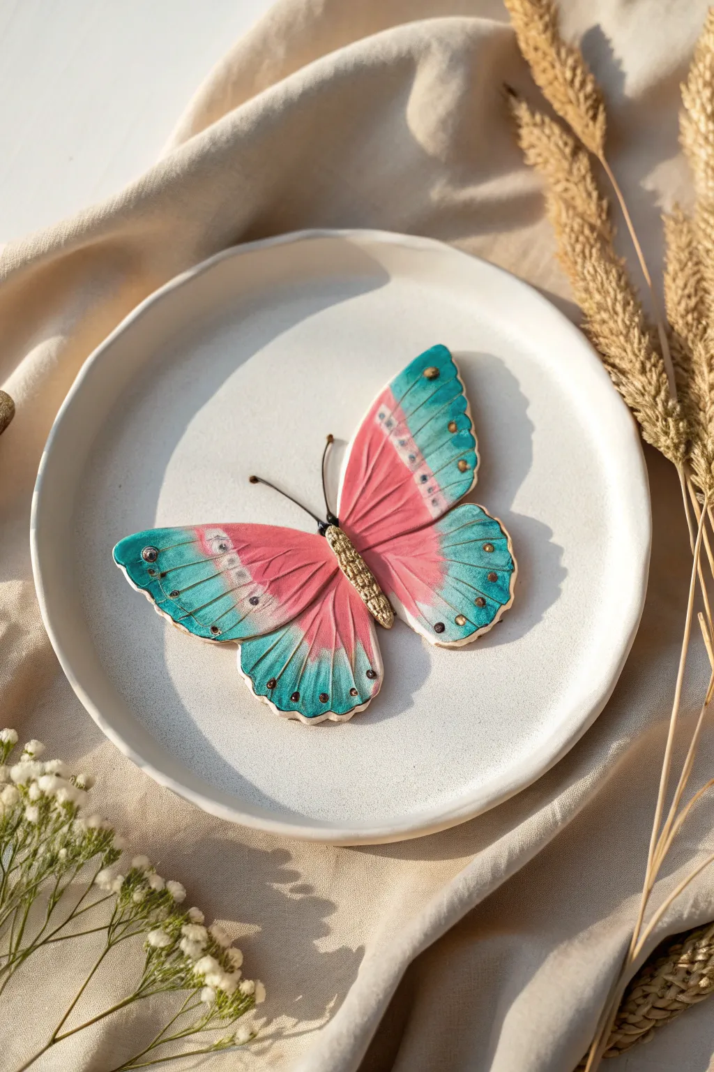 Bold ombré polymer clay butterfly with pressed wings and simple dotted details, styled minimal.