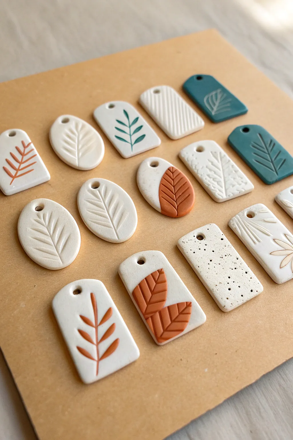 Beginner-friendly polymer clay pendant tags with simple pressed textures and bold, modern contrast