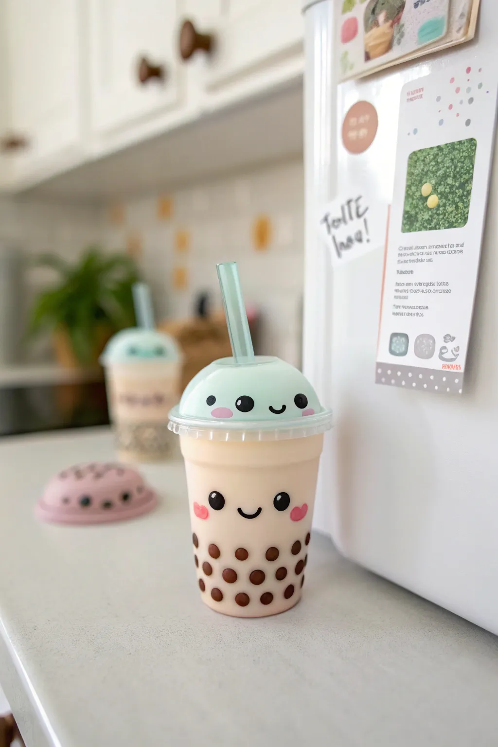 Make boba-cute fridge decor: two polymer clay drink cup magnets with tiny pearl bubbles.
