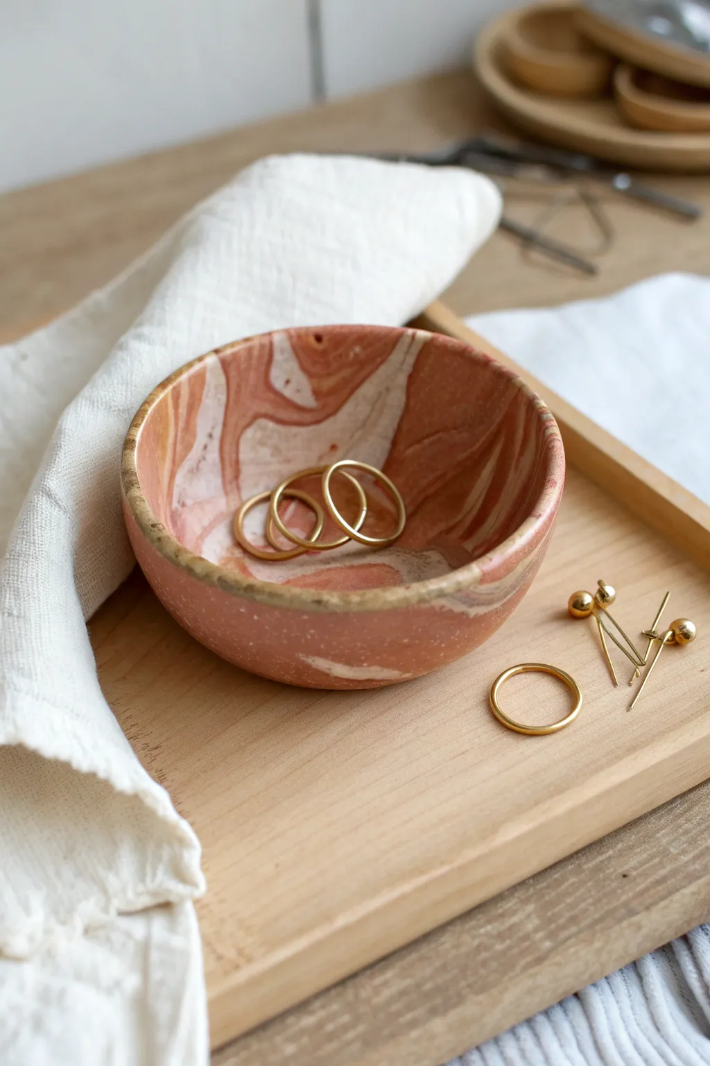 DIY polymer clay mini jewelry bowl with gold-style edging, a chic Mothers Day gift idea