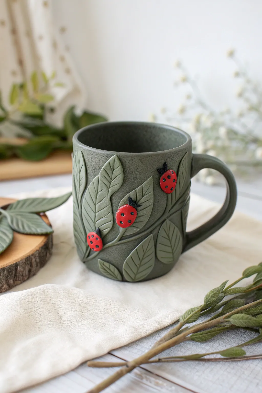 Bold red ladybugs on textured leafy polymer clay make this dark mug feel playful and chic.