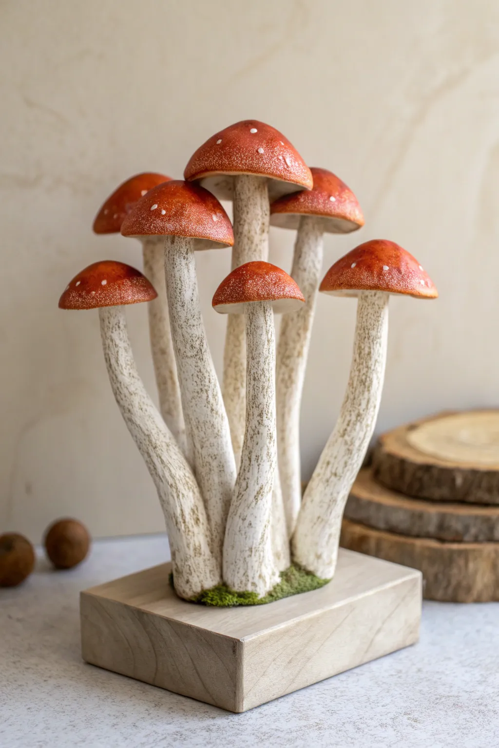 Bark-textured polymer clay mushroom cluster with bold caps in a clean Scandinavian-boho setup.