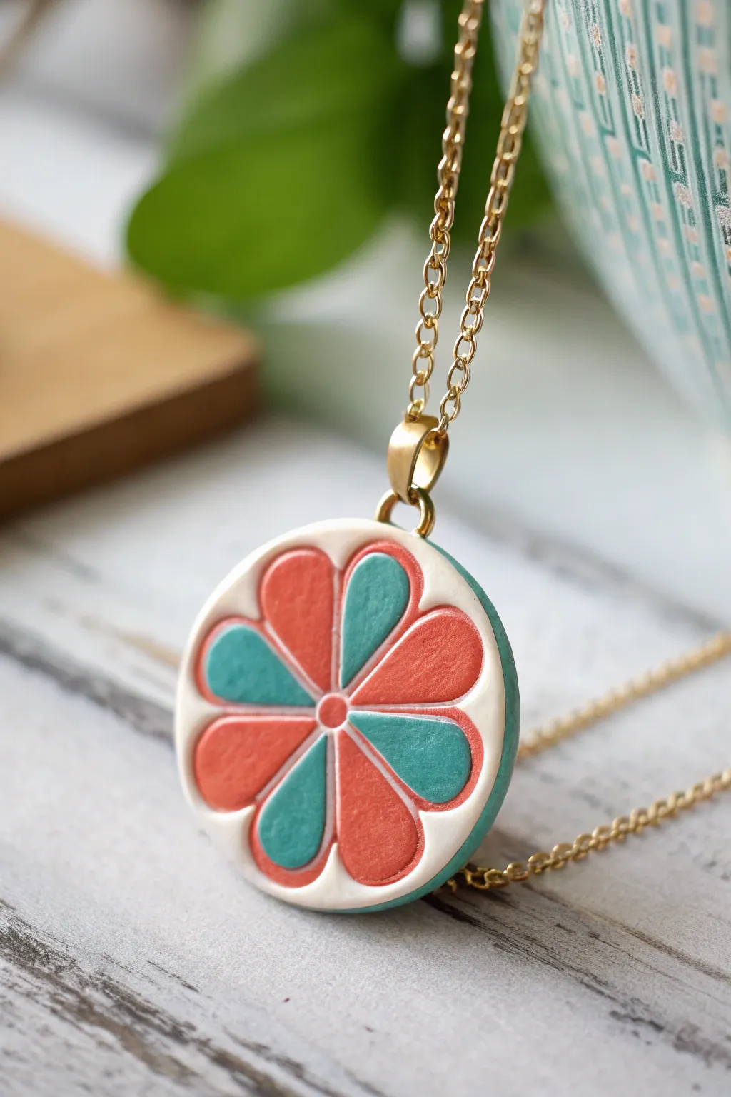 Bold cane-slice flower pendant in polymer clay, minimal boho style for an easy statement necklace.